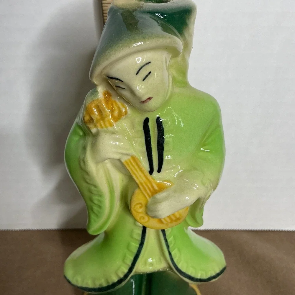 Ceramic Woman Lute Figurine Green Robe Asian Mystical Musician Statue‎ 8.5